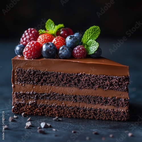 a deliciious slice of rich chocolate ganache cake with a smooth, glossy finish, topped with fresh berries and mint photo