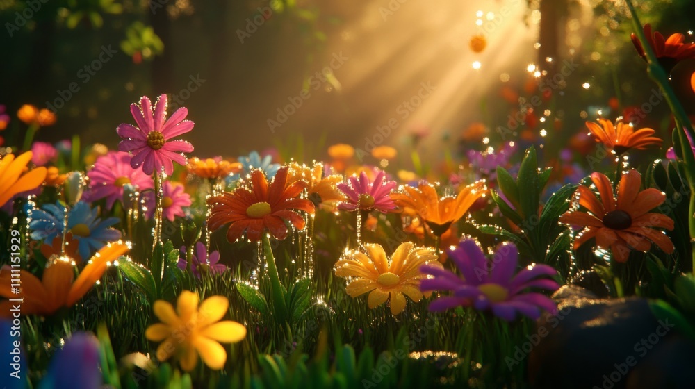 Obraz premium Colorful Flowers Bathed in Golden Sunlight in a Lush Forest Clearing