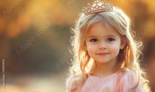 A cute little girl, wearing a pink princess dress, with a small crown