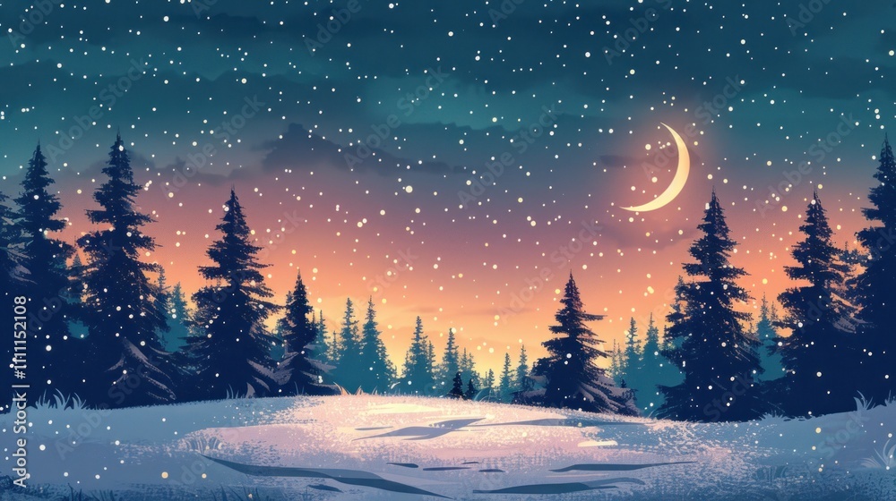 Fototapeta premium Snowy winter night landscape with crescent moon and pine trees.