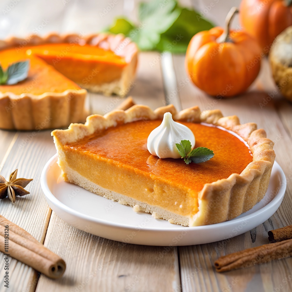 A mouthwatering slice of pumpkin pie sits on a white plate, ready to be enjoyed A mouthwatering slice of pumpkin pie sits on a white plate, ready to be enjoyed