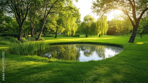 Serene Park Pond, a peaceful retreat with lush grass, weeping willows, and calm waters, inviting moments of reflection and relaxation in nature's embrace.