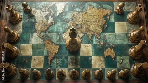 geopolitical chess game. geopolitics and strategies on a chess board with global world map