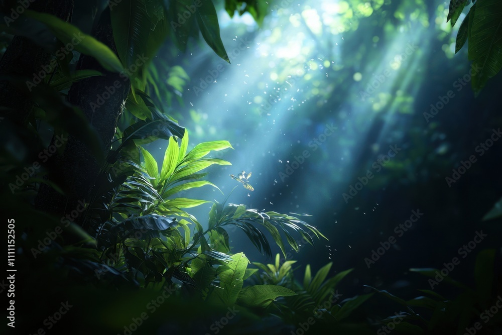 A lush green forest with sunlight shining through the leaves A lush green forest with sunlight shining through the leaves