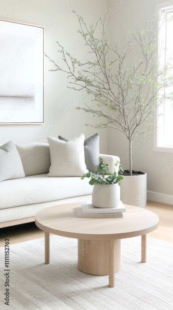 Obraz premium Minimalist living room with light wood tones, simple linen cushions, and subtle gray and white accents for harmony