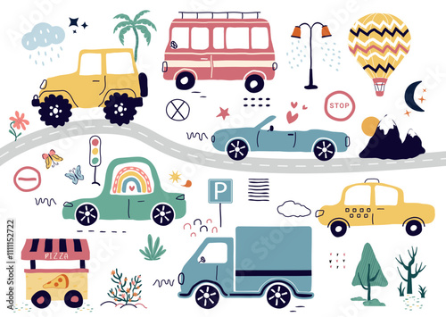 a fashionable drawing of cars. A transport set for children. A template with of toy cars, road signs,  tree. for print, paper, banners. art vector illustration.
