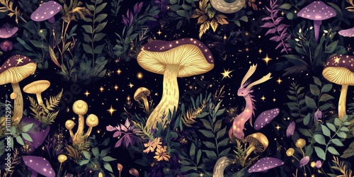 Enchanted Forest Night: Glowing Mushrooms & Fantasy Creature Seamless Pattern photo