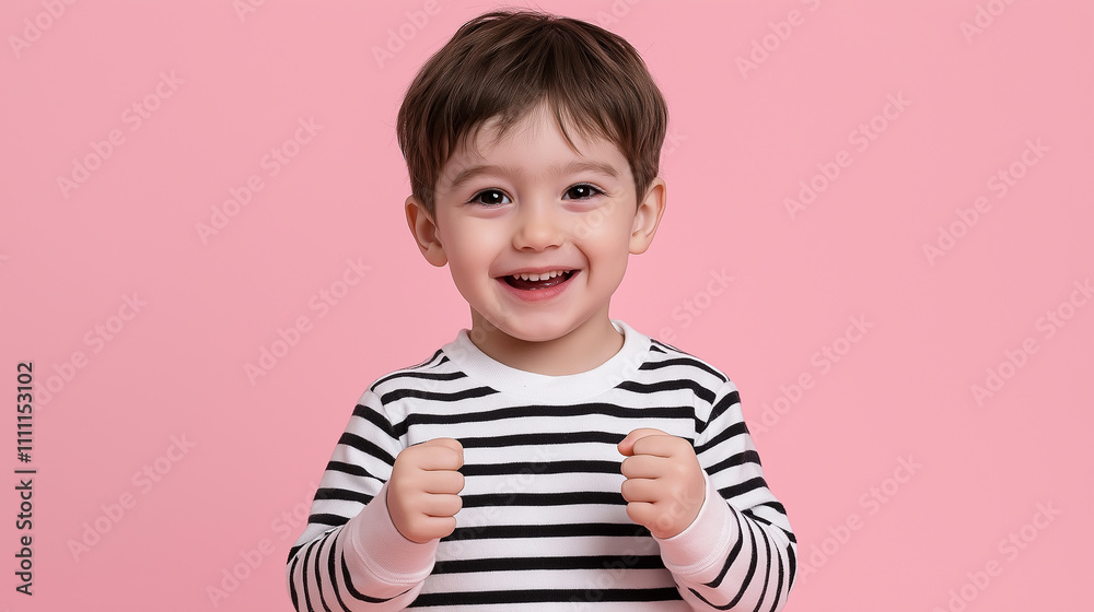 Happy child smiling and raising fists in celebration on pink background Happy child smiling and raising fists in celebration on pink background
