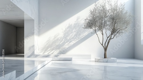 Serene Minimalist Marble Interior with Olive Tree - Modern Design