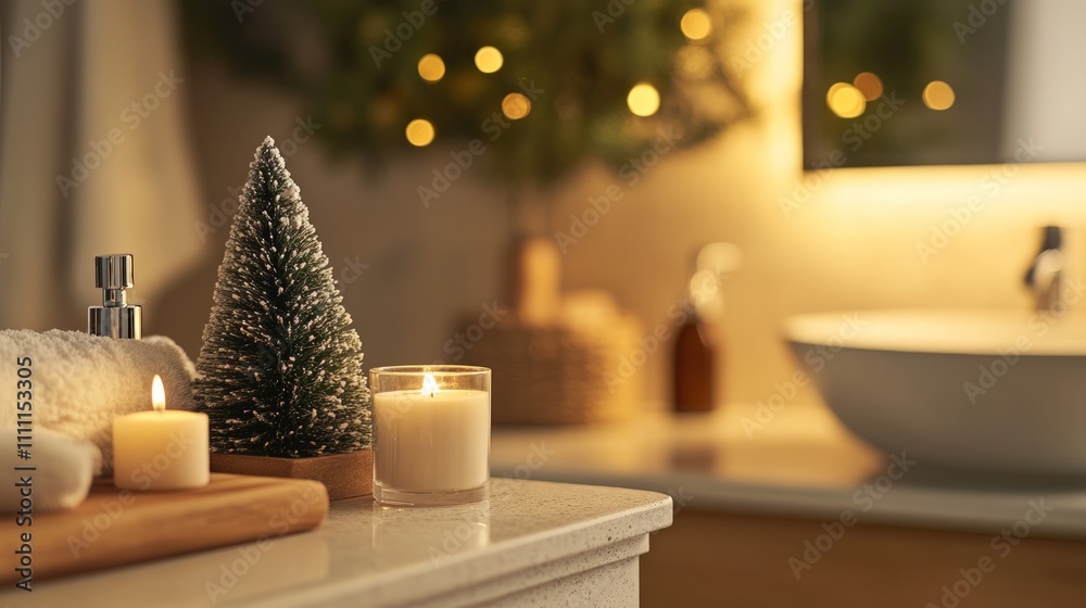 Cozy Seasonal Bathroom, featuring a small festive tree on the countertop, simple decor, warm light enhances the inviting atmosphere during the holiday season Cozy Seasonal Bathroom, featuring a small festive tree on the countertop, simple decor, warm light enhances the inviting atmosphere during the holiday season