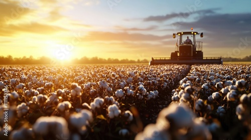 A tractor is driving through a field of cotton