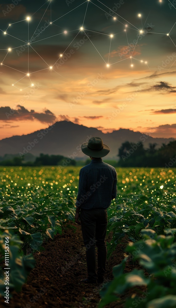 AI-Driven Crop Health Monitoring in Lush Fields with Mountain Backdrop at Sunset AI-Driven Crop Health Monitoring in Lush Fields with Mountain Backdrop at Sunset