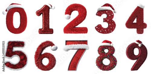Pack 0 to 9 Numbers Wearing a Christmas Hat set Against a Transparent Background for Festive Holiday Design Projects