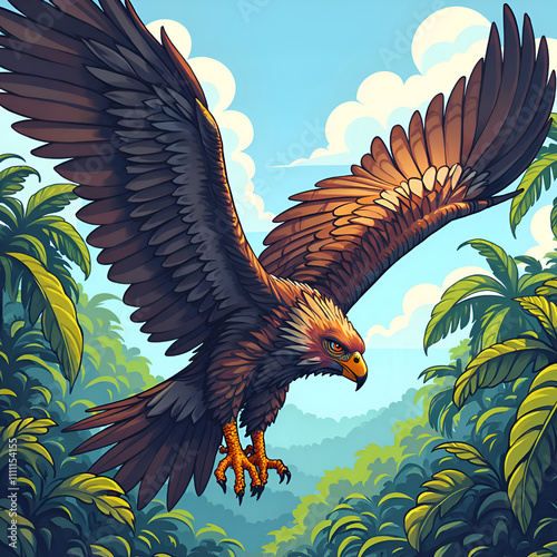 Majestic eagle soaring above lush tropical canopy under a bright sky, digital art of wildlife concept. photo