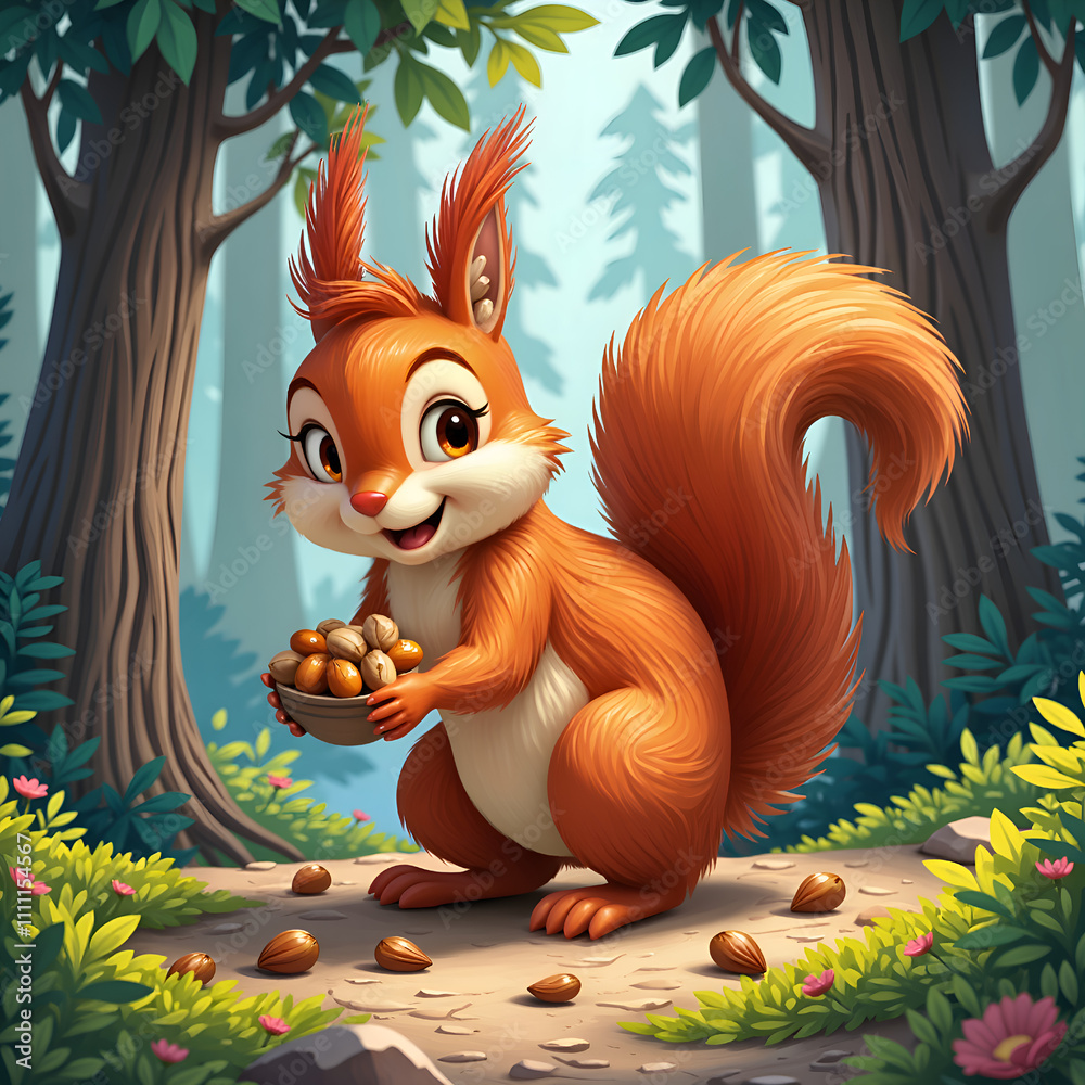 Cheerful squirrel collecting acorns in a lush forest landscape, digital illustration of character design concept. Cheerful squirrel collecting acorns in a lush forest landscape, digital illustration of character design concept.