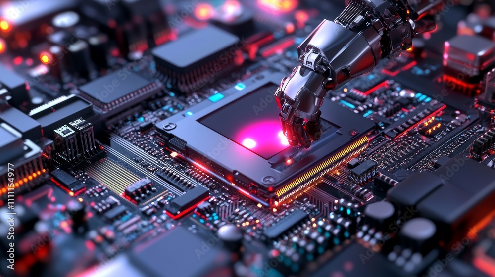 Robotic hand interacts with illuminated circuit board. Robotic hand interacts with illuminated circuit board.