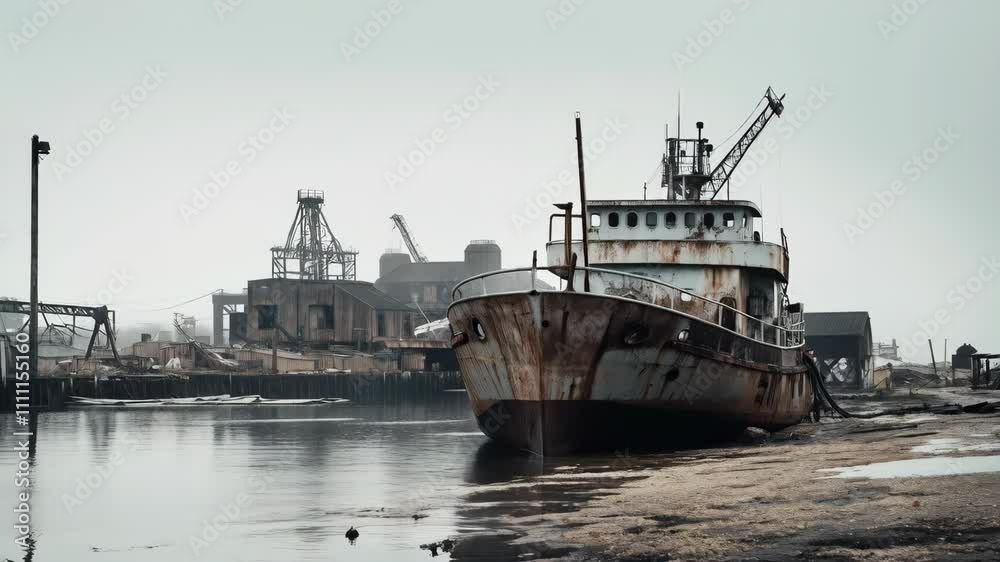 Rusty cargo ship docked in industrial harbor. Old vessel moored at port with silos in background. Gritty maritime scene of weathered boat and coastal industry for transportation themes. Rusty cargo ship docked in industrial harbor. Old vessel moored at port with silos in background. Gritty maritime scene of weathered boat and coastal industry for transportation themes.