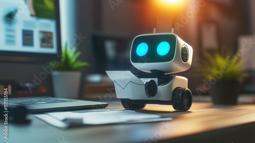 Cute Robot Delivering Mail in Modern Office Setting