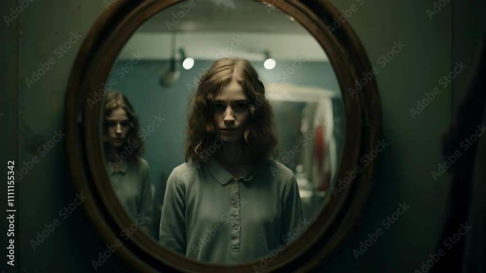 Eerie reflection in oval mirror shows woman in dimly lit room. Horror ...