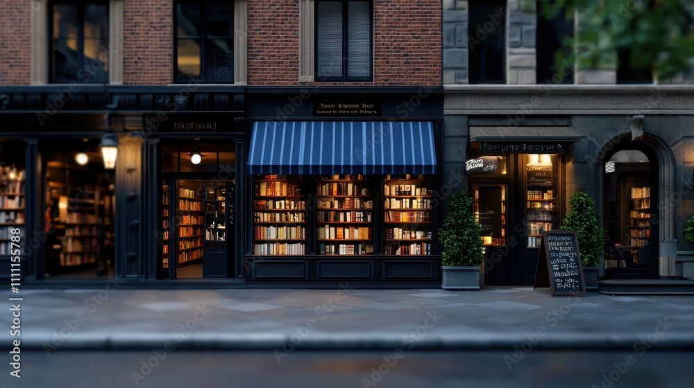 A row of bookstores with a blue awning A row of bookstores with a blue awning