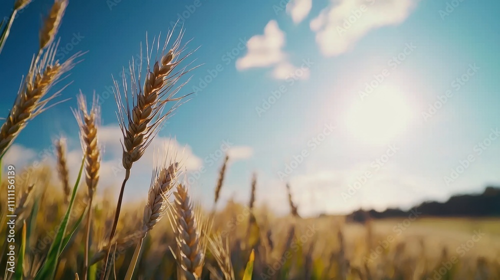 A field of wheat with a bright sun shining down on it A field of wheat with a bright sun shining down on it