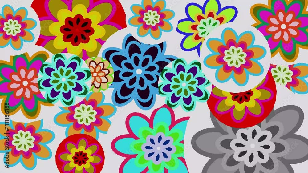 Abstract background of spinning colorful flowers. Seamless loop video. Wallpaper 4k.