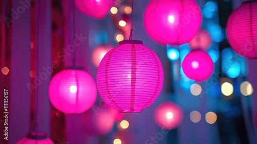 Pink paper lanterns illuminated, festive ambiance.