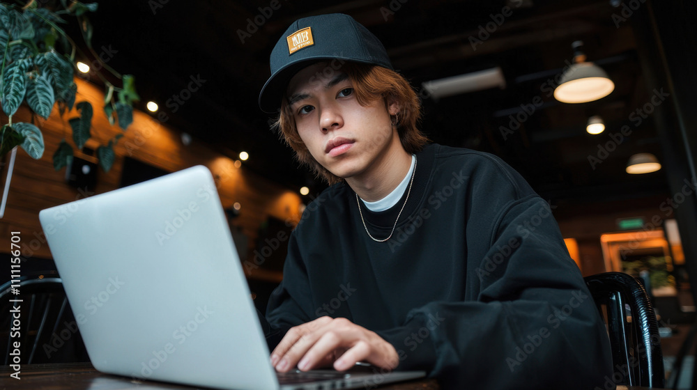 A young man wearing a black hat A young man wearing a black hat