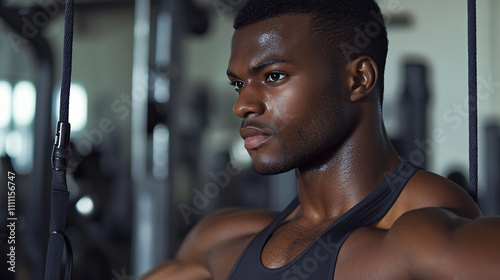 A fitness enthusiast performing cable machine exercises for triceps and chest at a gym. photo