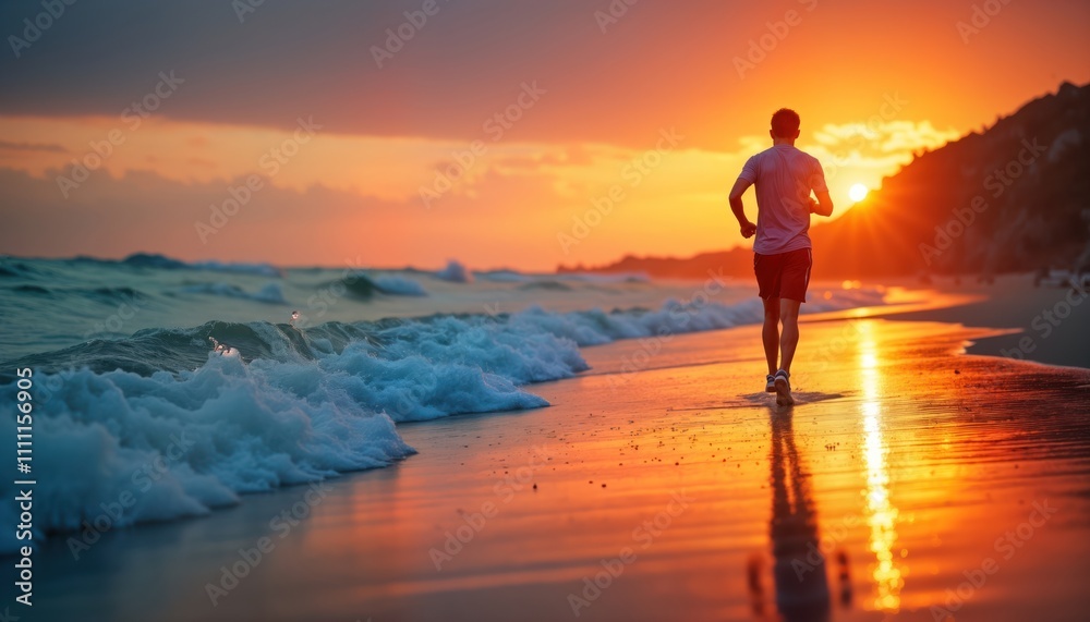 Man jogging along scenic beach at sunset. Dramatic waves, vibrant sky. Golden light illuminates scene. Tranquil, serene atmosphere. Man enjoys healthy outdoor activity. Beautiful summer day. Ocean Man jogging along scenic beach at sunset. Dramatic waves, vibrant sky. Golden light illuminates scene. Tranquil, serene atmosphere. Man enjoys healthy outdoor activity. Beautiful summer day. Ocean