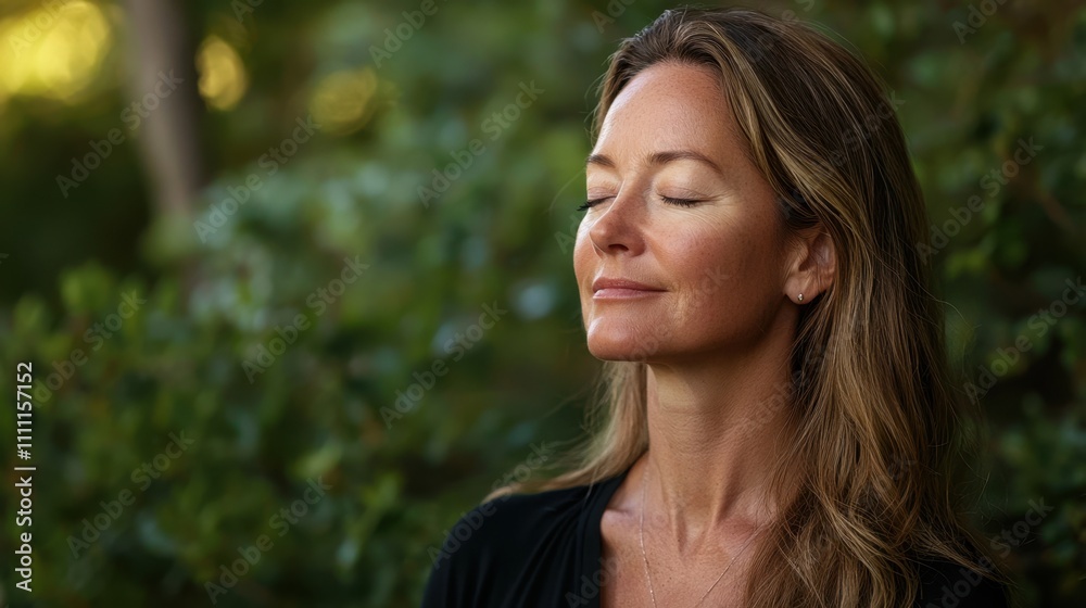 A woman is sitting in a forest, looking at the camera with a peaceful expression A woman is sitting in a forest, looking at the camera with a peaceful expression