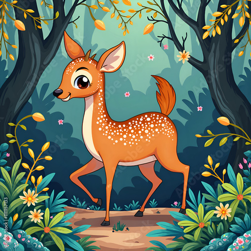 Charming young deer frolicking in a vibrant, enchanted woodland setting, digital illustration of character design concept. photo