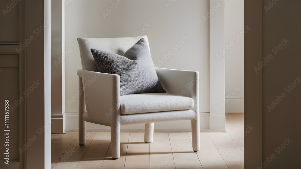 Cozy and stylish armchair with soft fabric in a minimalist home office with functional workspace and decor. Cozy and stylish armchair with soft fabric in a minimalist home office with functional workspace and decor.