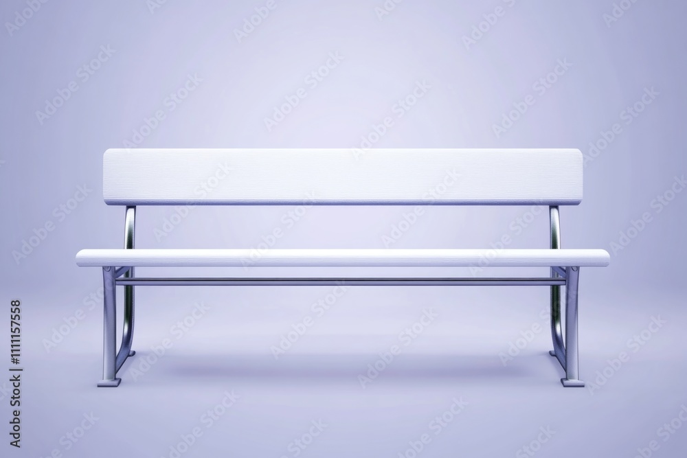 Minimalist white metal bench against a soft blue background Minimalist white metal bench against a soft blue background