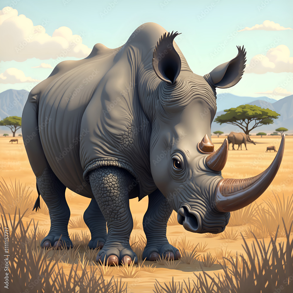 Fototapeta premium Majestic rhinoceros in a sunlit african savanna landscape, digital art of wildlife depiction concept.