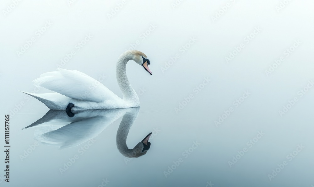 A graceful swan glides peacefully on a calm lake, its reflection mirrored perfectly in the still water A graceful swan glides peacefully on a calm lake, its reflection mirrored perfectly in the still water