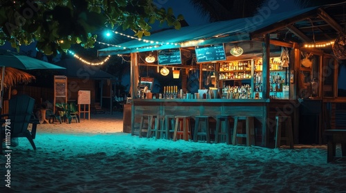 Nighttime beach bar, string lights, tropical.