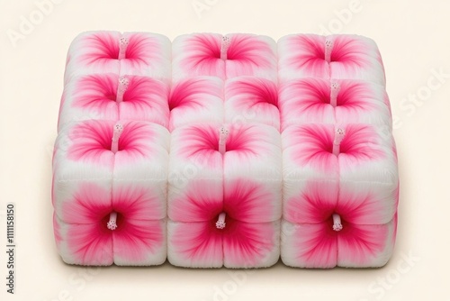 Pink and white floral-inspired cushion arrangement on light background