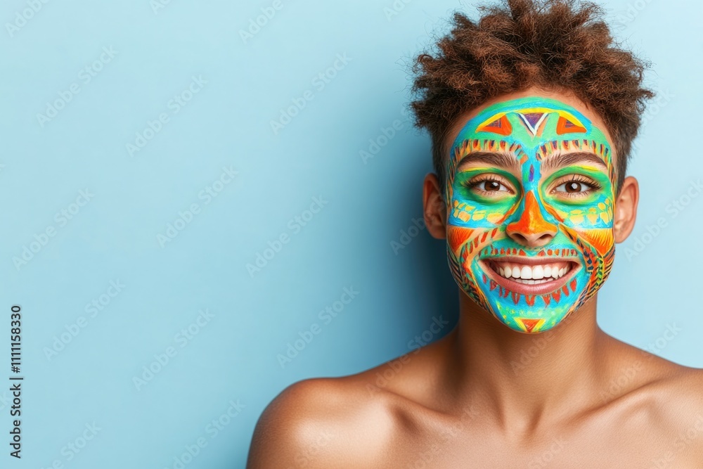 Young african female with colorful tribal face paint and bright smile on blue background