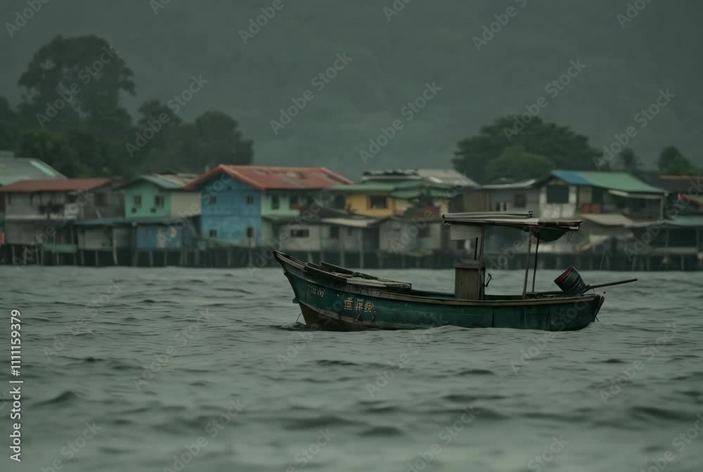 Fishing boat on choppy water near coastal village. Colorful stilt houses along shoreline. Rainy day scene in Southeast Asian fishing community. Fishing boat on choppy water near coastal village. Colorful stilt houses along shoreline. Rainy day scene in Southeast Asian fishing community.