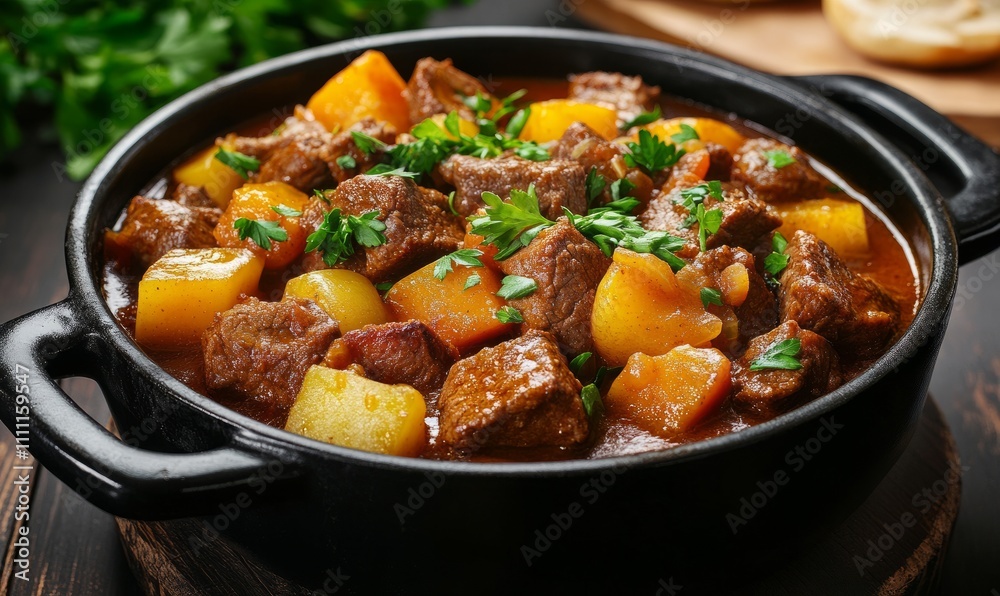 A hearty beef and vegetable stew in a black pot garnished with parsley A hearty beef and vegetable stew in a black pot garnished with parsley