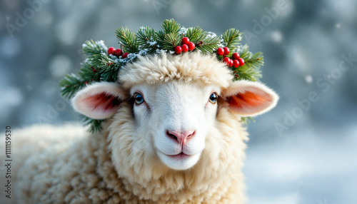 fluffy christmas sheep goat animal decorated for christmas with garland wreath and red berries head crown neck, 