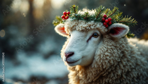 fluffy christmas sheep goat animal decorated for christmas with garland wreath and red berries head crown neck,  photo