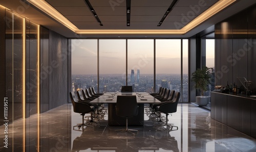 A modern and stylish conference room with sleek black chairs and a central table, set against a backdrop of large windows offering a stunning cityscape view photo