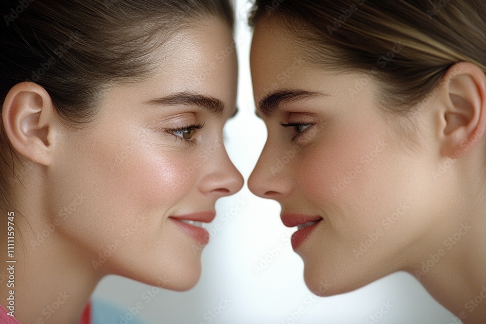 Two young caucasian women face-to-face smiling in close-up Two young caucasian women face-to-face smiling in close-up