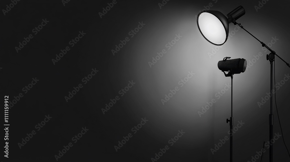 A minimalistic scene featuring a spotlight and a camera on a stand against a dark background. A minimalistic scene featuring a spotlight and a camera on a stand against a dark background.
