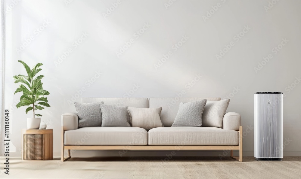 A modern living room featuring a stylish sofa, a wooden side table, an air purifier, and a potted plant against a minimalist white wall A modern living room featuring a stylish sofa, a wooden side table, an air purifier, and a potted plant against a minimalist white wall