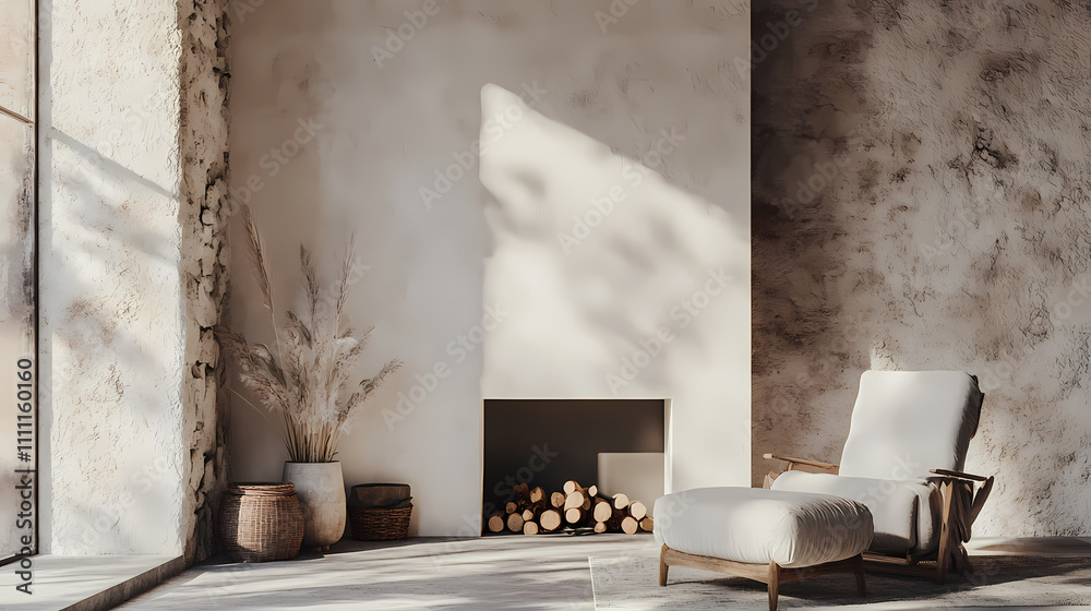 Wabi sabi style interior with rustic fireplace and white stucco walls. wall mockup, 3d rendering. Rustic. Illustration Wabi sabi style interior with rustic fireplace and white stucco walls. wall mockup, 3d rendering. Rustic. Illustration