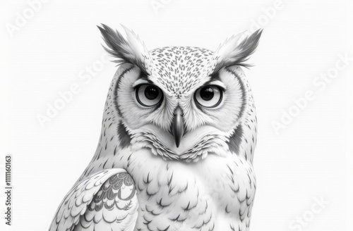 Children coloring book. White owl with its eyes open and staring at camera. Owl is main focus of image, and it is looking directly at viewer