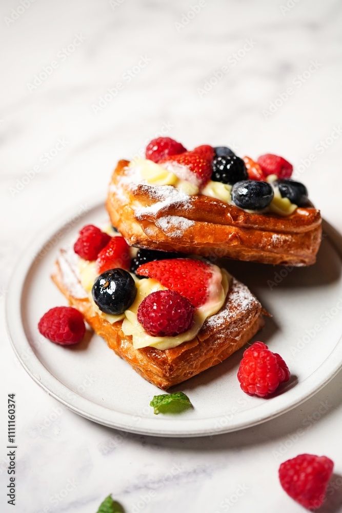 Fruit berry tarts with fresh berries on top, selective focus Fruit berry tarts with fresh berries on top, selective focus